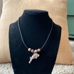 Black Rhodonite beads & gun with roses charm